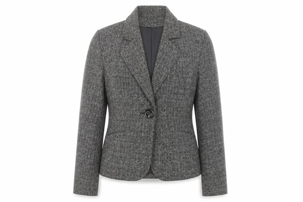 Front view of CMD Women's Grey Checked Blazer, size 12, Smart Work Jacket