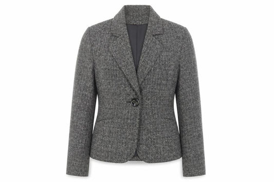 Front view of CMD Women's Grey Checked Blazer, size 12, Smart Work Jacket