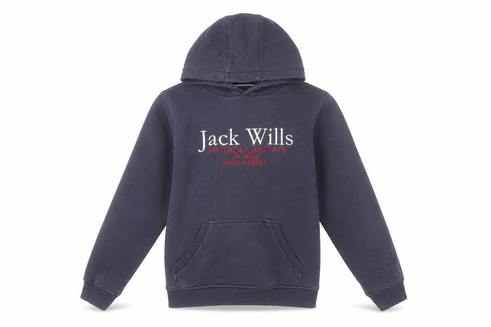 Front view of Jack Wills boys’ navy blue pullover hoodie 10-11 years cotton blend