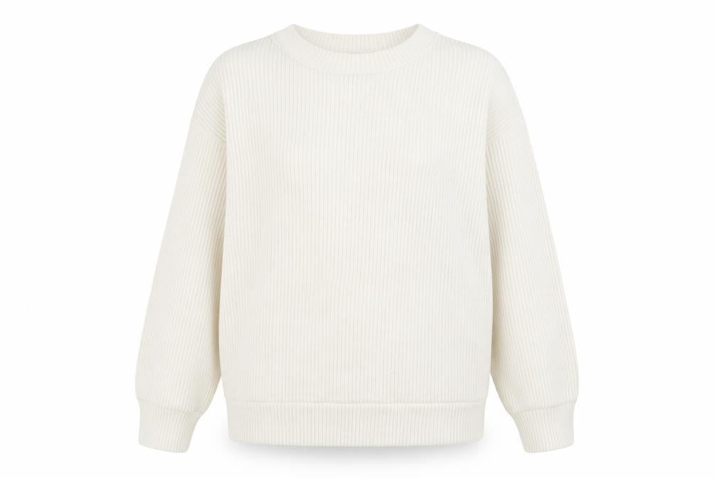 Front view of H&M women’s ivory ribbed pullover sweatshirt, size M, cotton blend