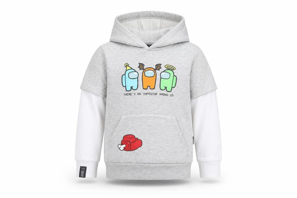 Front view of Among Us boys’ grey graphic pullover hoodie, size 5-6, years cotton blend