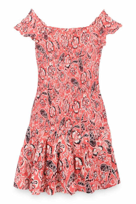 Front view of Mango Women’s Pink Floral Off Shoulder Skater Dress, size UK 10