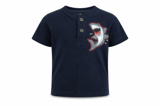 Front view of Garanimals boys’ blue shark graphic henley t-shirt 2 years cotton blend