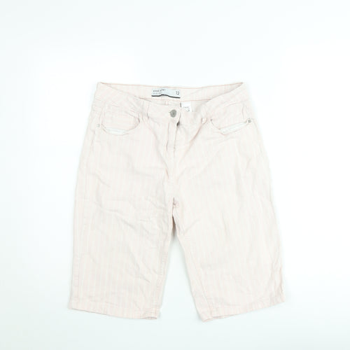 Next Women's Pink Striped Knee Bermuda Shorts Size 12 Mid Rise Cotton