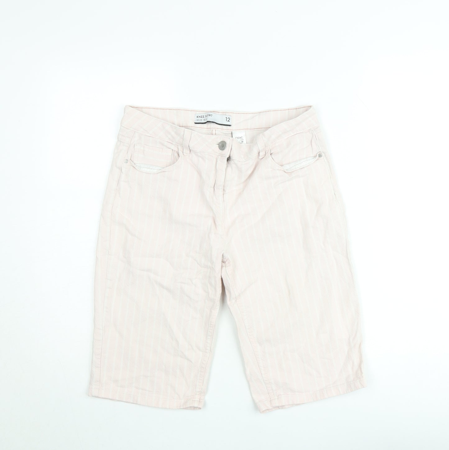 Next Women's Pink Striped Knee Bermuda Shorts Size 12 Mid Rise Cotton