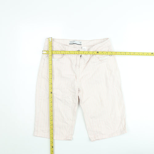 Next Women's Pink Striped Knee Bermuda Shorts Size 12 Mid Rise Cotton