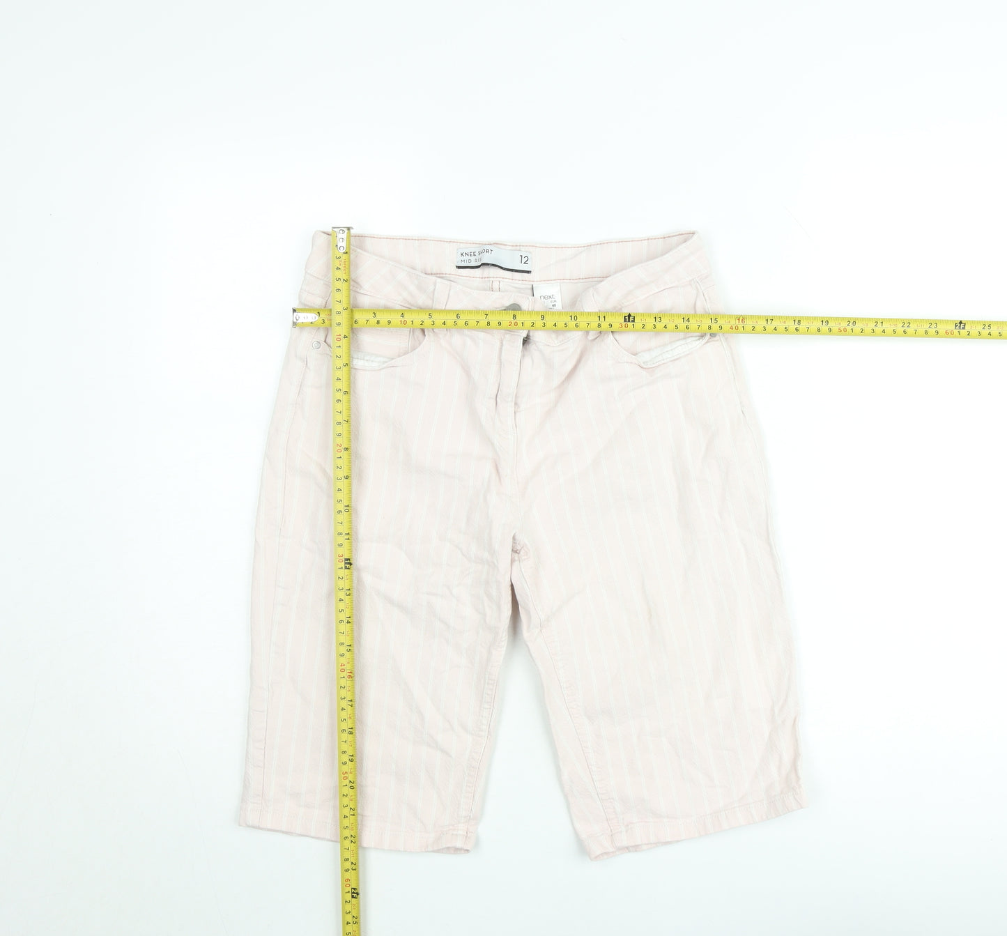 Next Women's Pink Striped Knee Bermuda Shorts Size 12 Mid Rise Cotton
