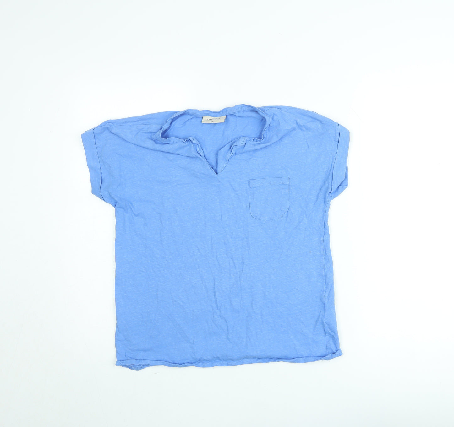 FREE/QUENT Women Blue Basic V-Neck Short Sleeve T-Shirt M