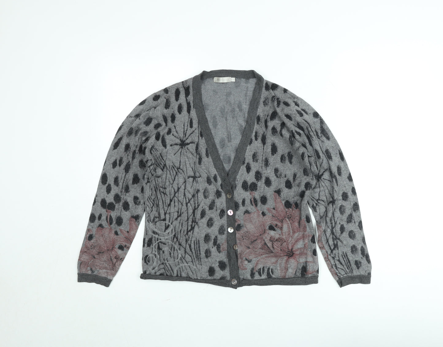Christina Lehr Women's Grey Floral Wool Cashmere Cardigan M