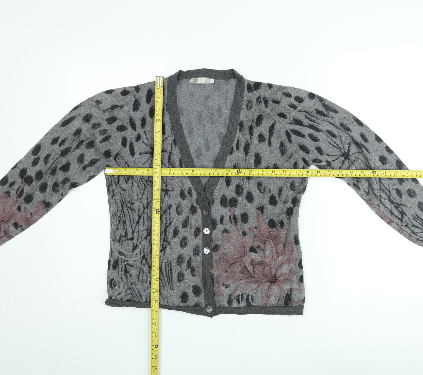 Christina Lehr Women's Grey Floral Wool Cashmere Cardigan M