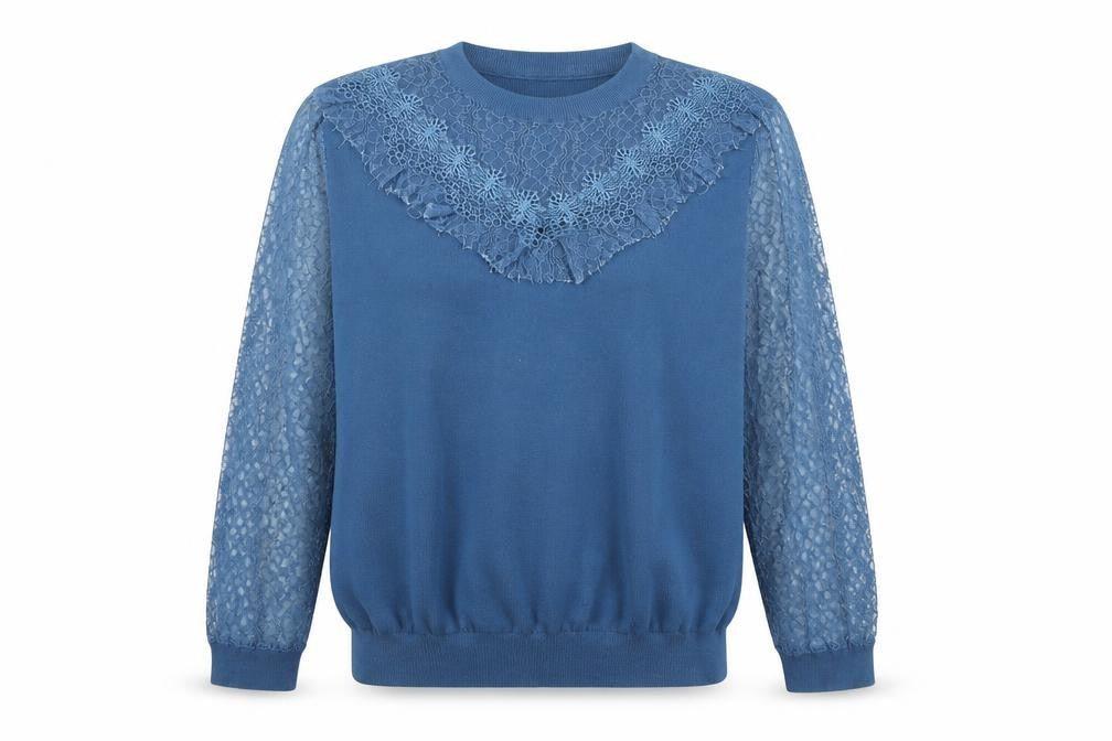 Front view of Savida Women Blue Lace Long Sleeve jumper, size M