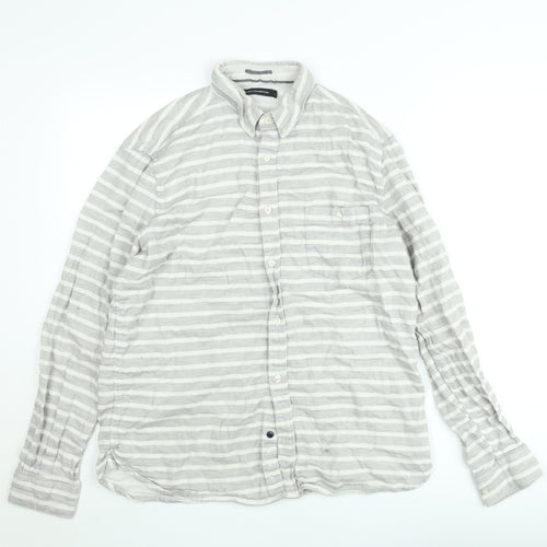 French Connection Men's Grey Striped Long Sleeve Button-Up Shirt Size L