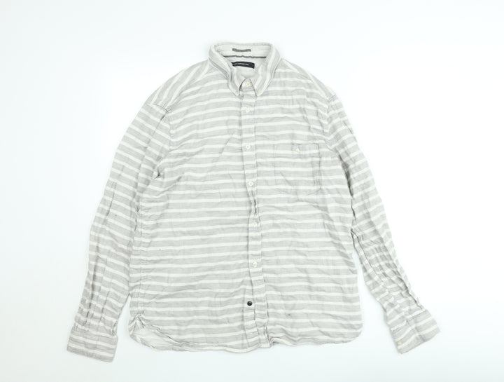 French Connection Men's Grey Striped Long Sleeve Button-Up Shirt Size L
