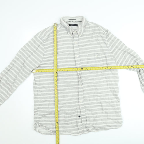 French Connection Men's Grey Striped Long Sleeve Button-Up Shirt Size L