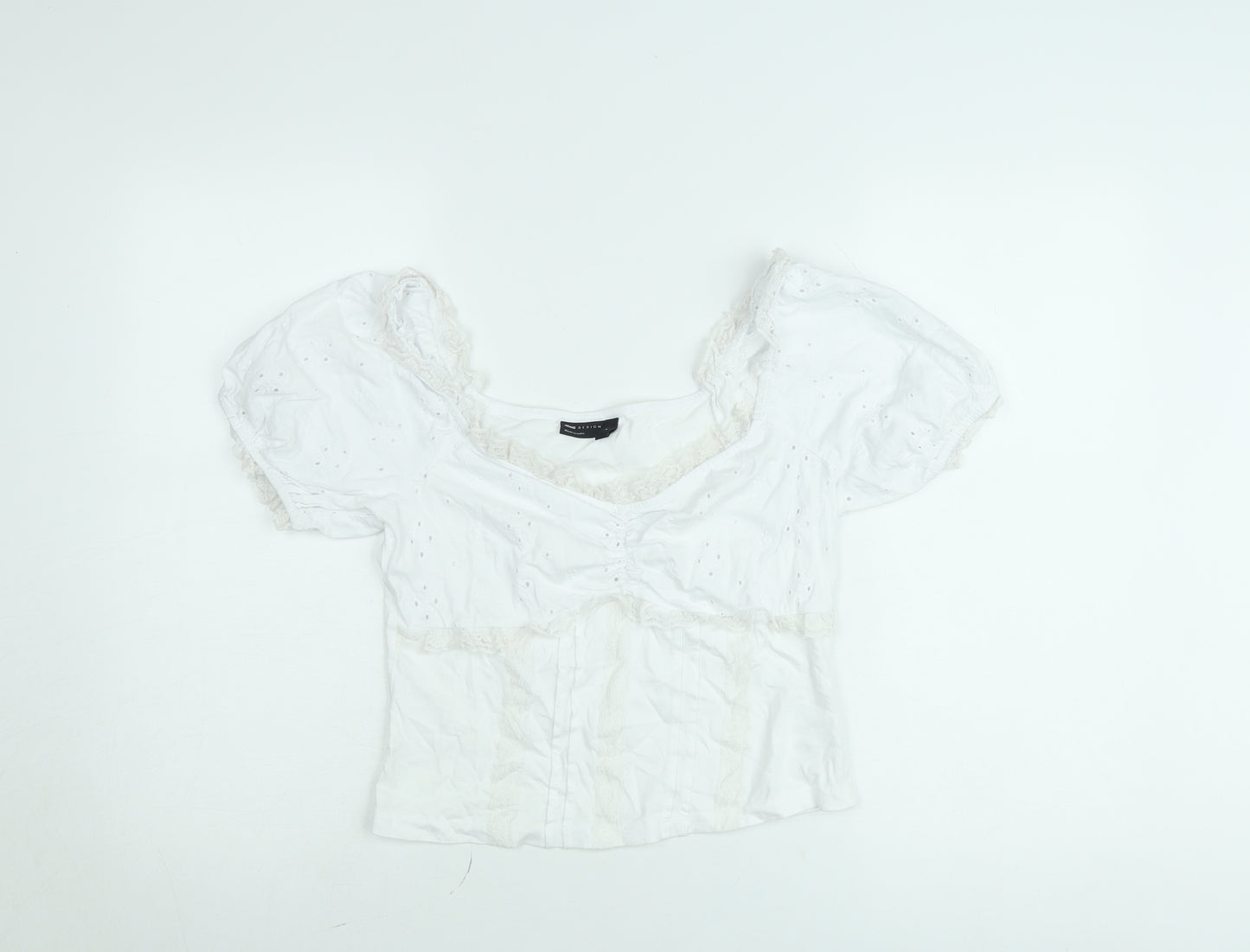 ASOS DESIGN Women's White Cropped Puff Sleeve Cotton Blouse M
