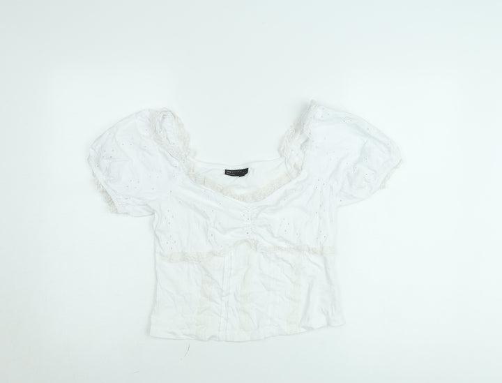 ASOS DESIGN Women's White Cropped Puff Sleeve Cotton Blouse M