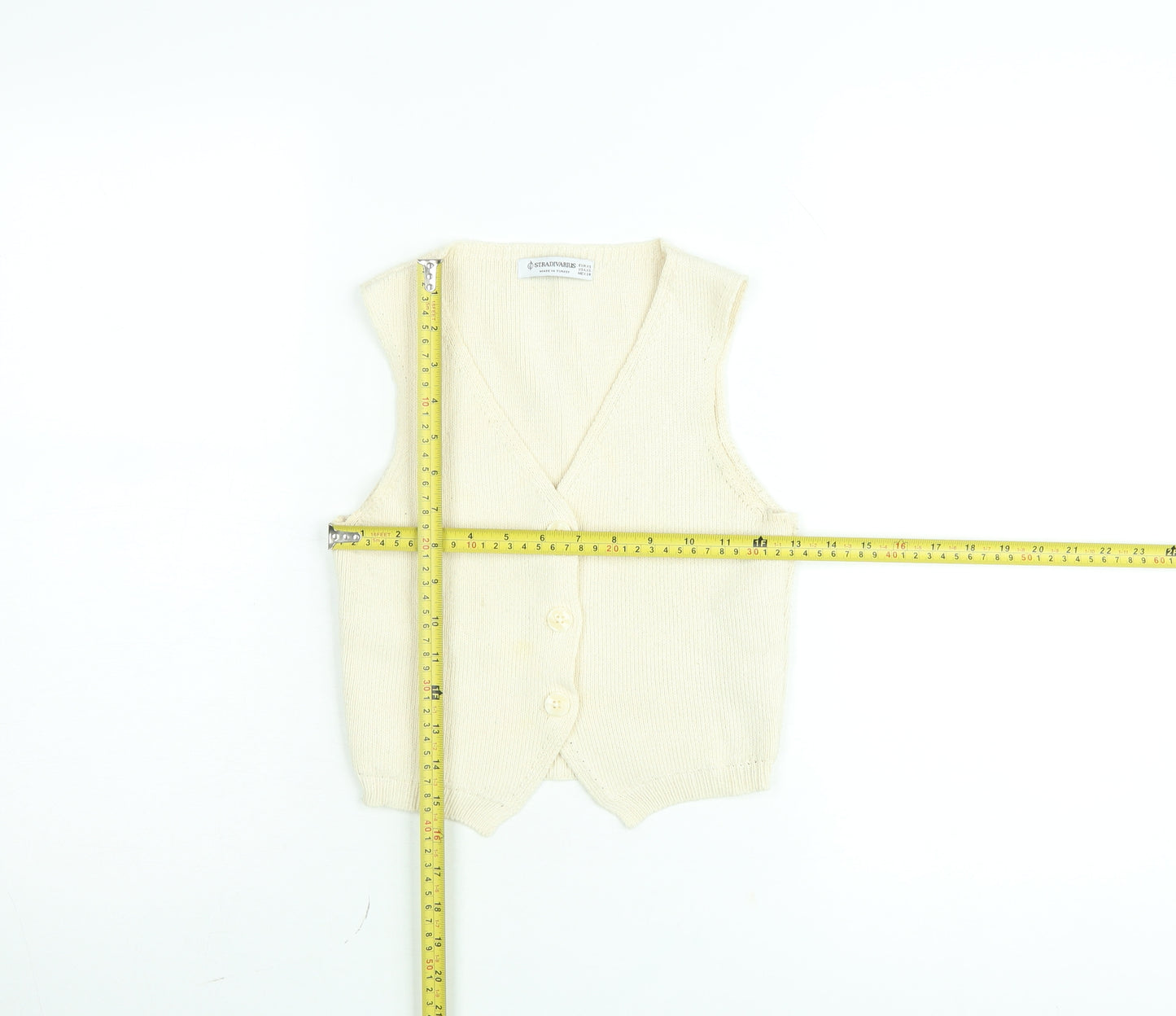 Stradivarius Womens Beige Knit Sleeveless V-Neck Button Blouse XS