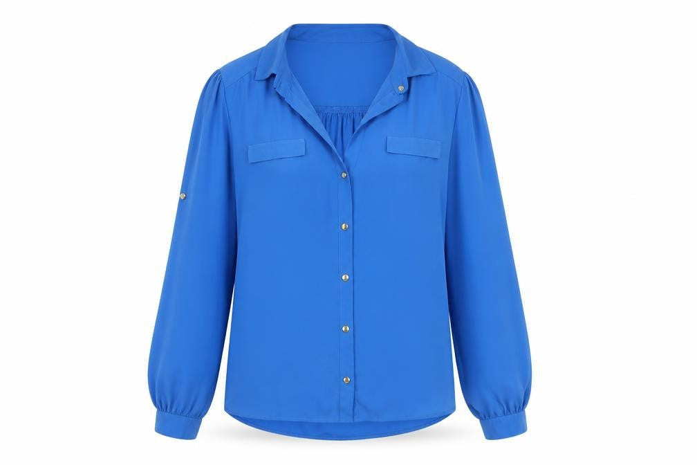 Front view of Oasis Women Blue Long Sleeve Collared Chiffon Blouse, size 10