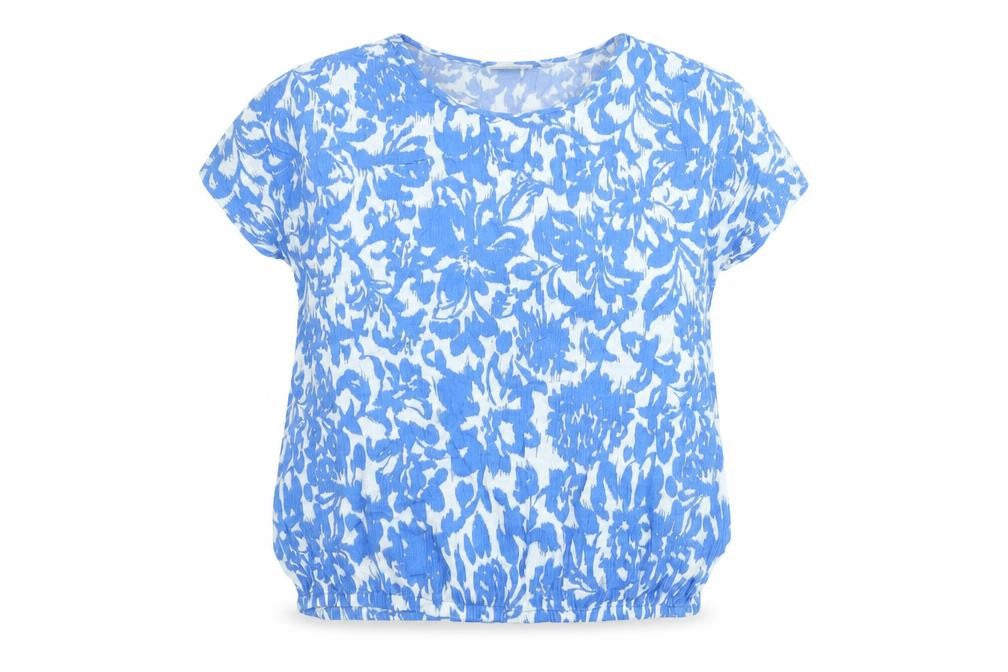 Front view of Kaffe Women Blue Floral Short Sleeve Tunic Blouse, size S