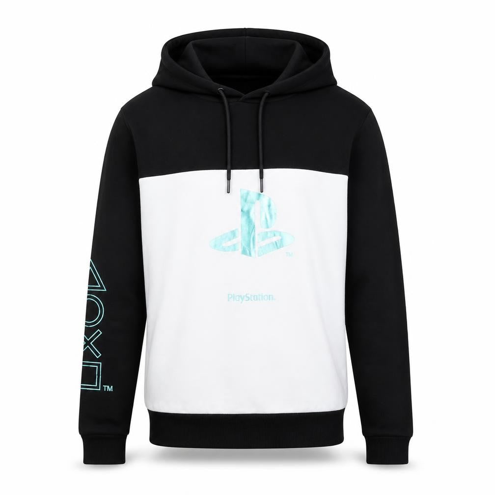 Front view of Difuzed PlayStation Men's Black & White Pullover Hoodie, size S