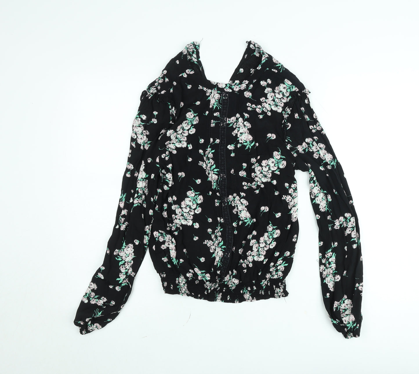 Oasis Women's Black Floral Blouse Size 10 Tunic Style Long Sleeve