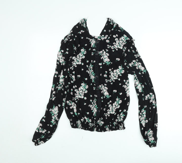 Oasis Women's Black Floral Blouse Size 10 Tunic Style Long Sleeve