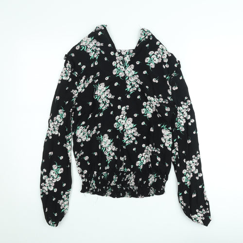 Oasis Women's Black Floral Blouse Size 10 Tunic Style Long Sleeve