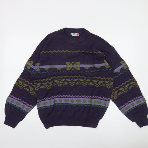 Design Italia Men's Purple Geometric Knit Crew Neck Jumper L