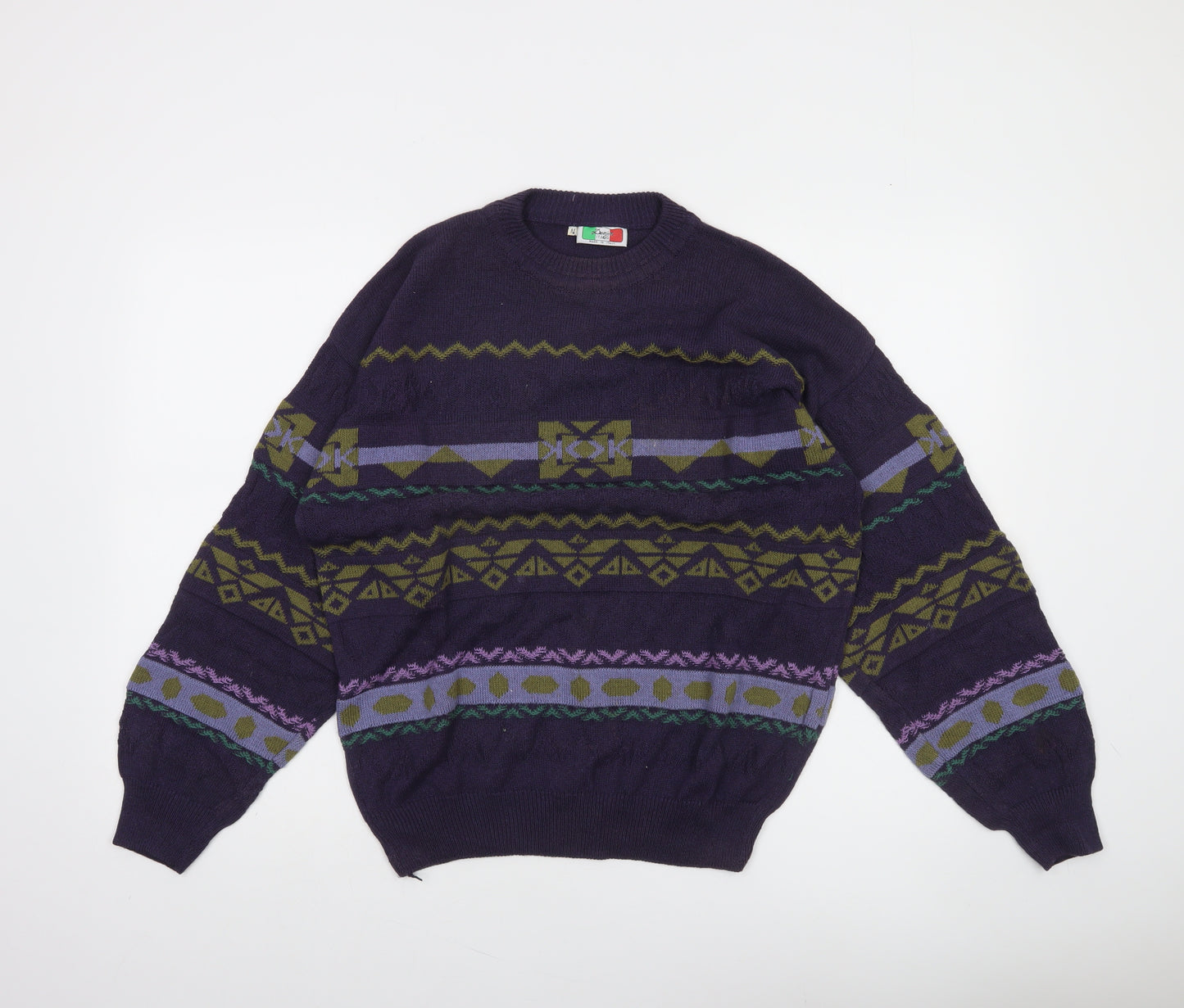 Design Italia Men's Purple Geometric Knit Crew Neck Jumper L