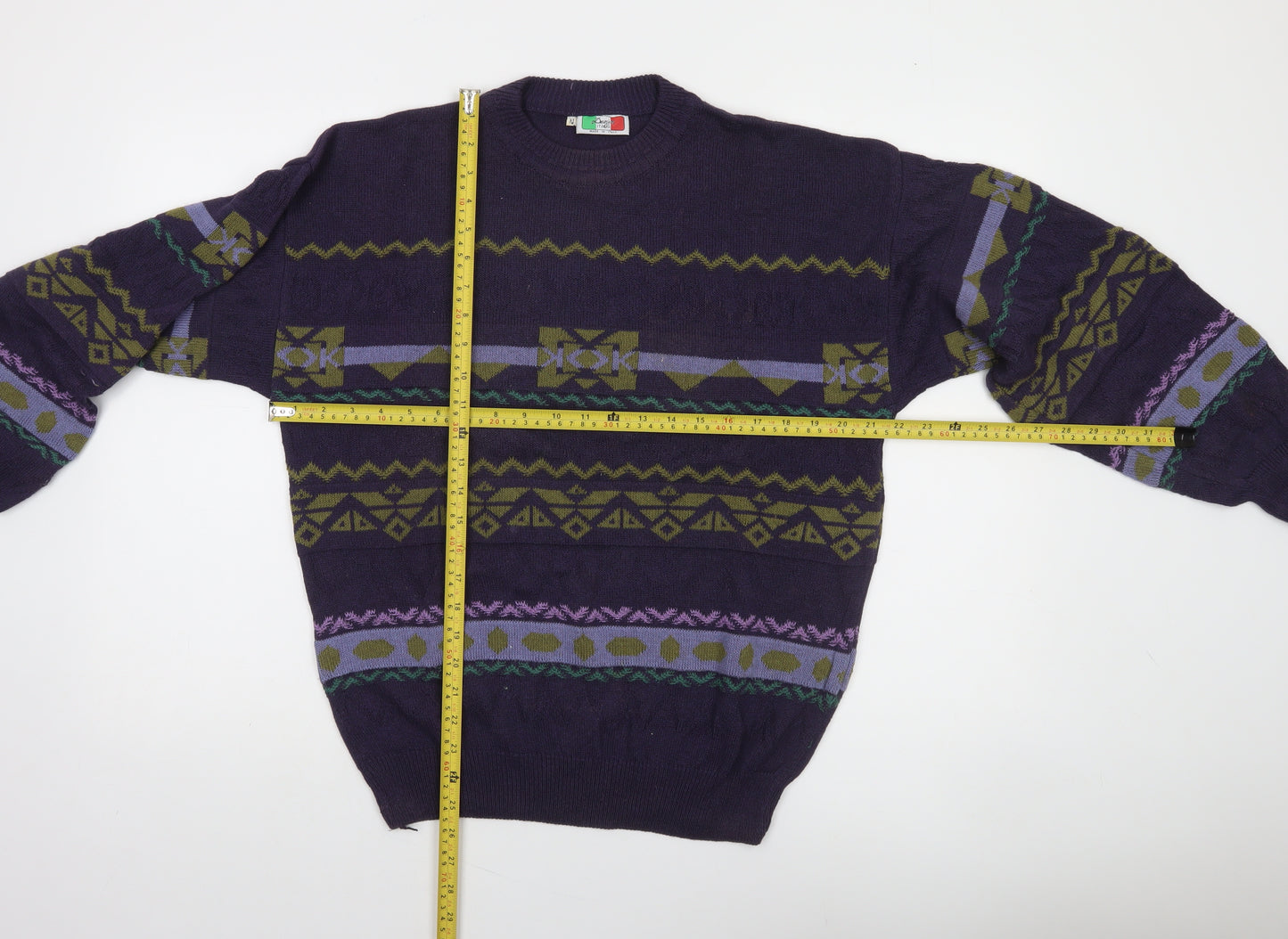 Design Italia Men's Purple Geometric Knit Crew Neck Jumper L