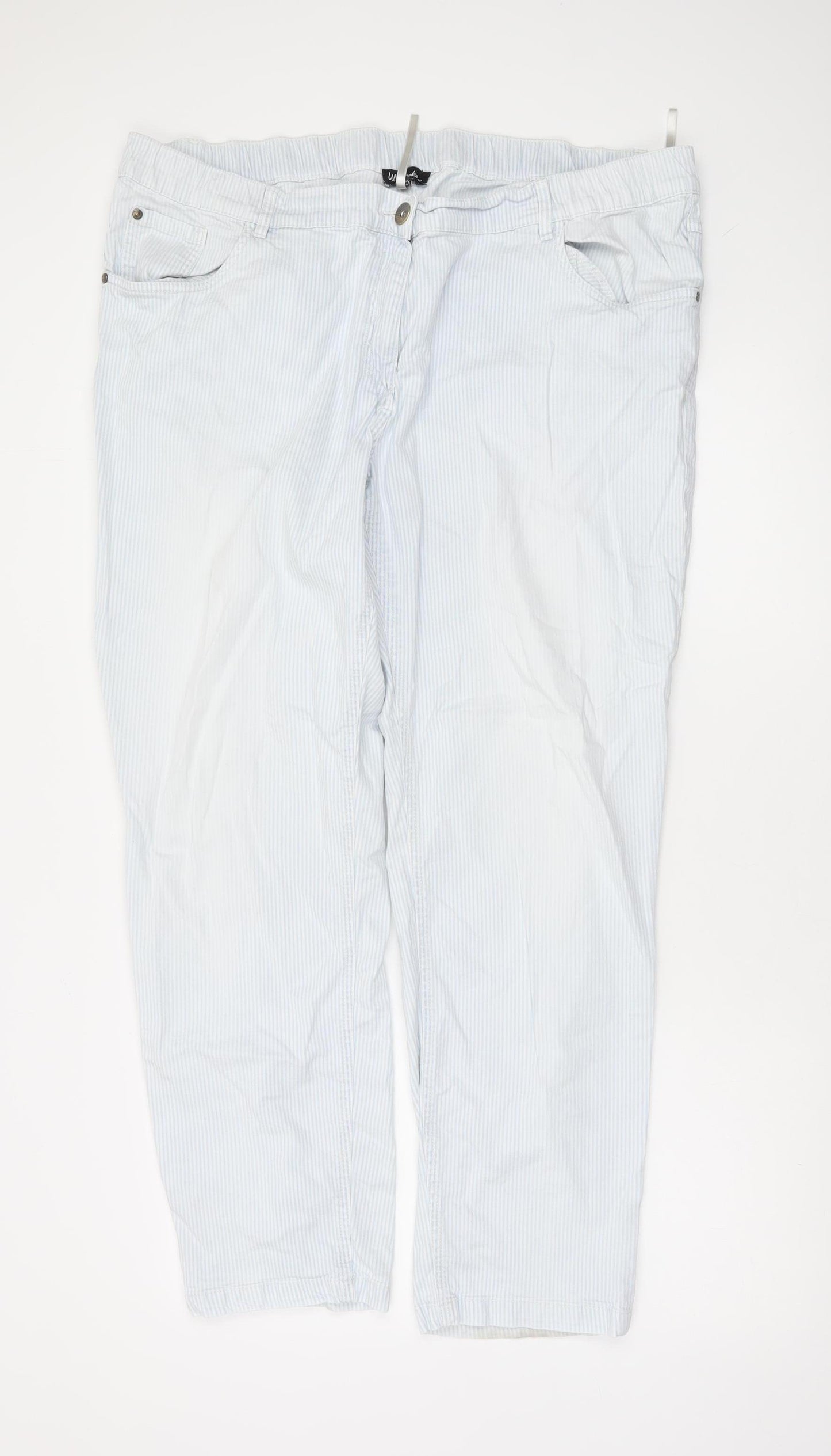 Ulla Popken Women Blue Striped Cotton Cargo Trousers Size 18