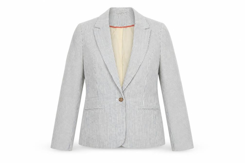 Front view of Love21 Women's Blue Striped Single-Breasted Blazer, size M