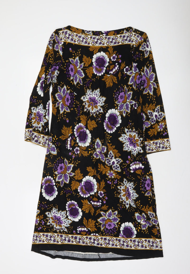 Gallery Women Black Floral Shift Dress Size 14 3/4 Sleeve Boho Style