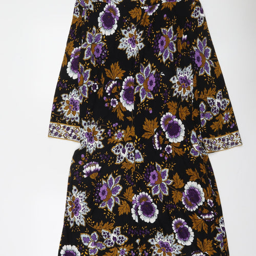 Gallery Women Black Floral Shift Dress Size 14 3/4 Sleeve Boho Style