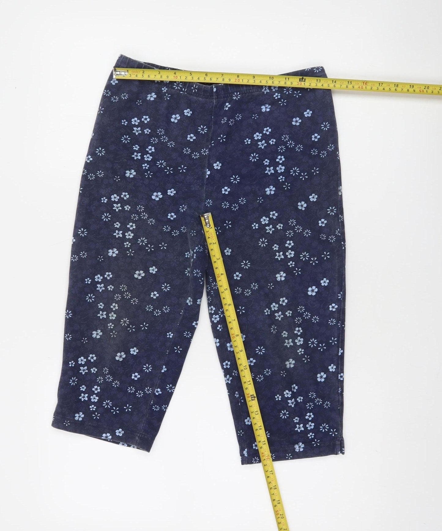 Laura Scott Women's Blue Floral Capri Leggings M Cotton Blend