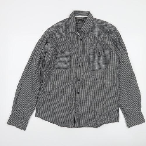 Genthouse Men's Black Check Long Sleeve Button-Up Shirt L Cotton Casual