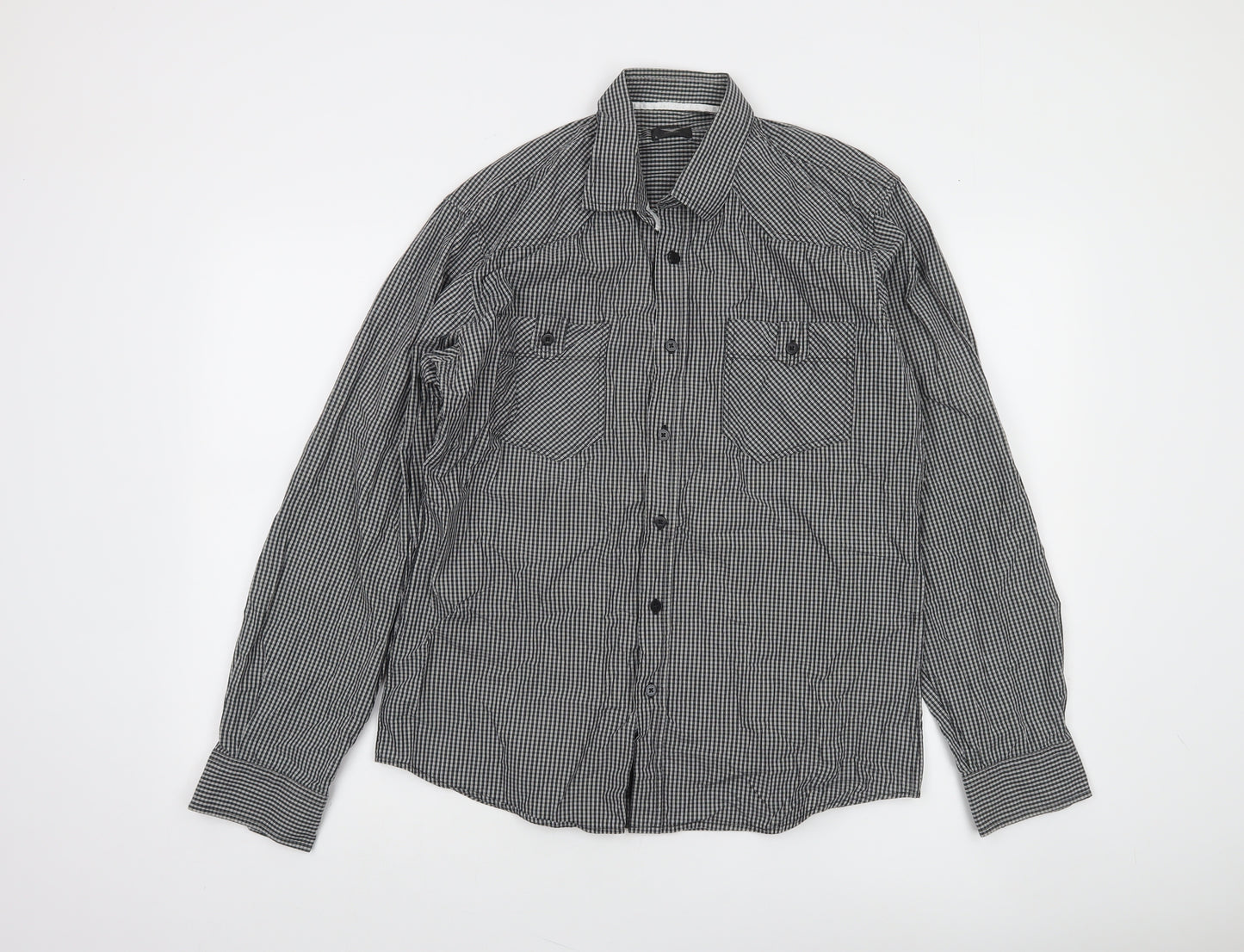 Genthouse Men's Black Check Long Sleeve Button-Up Shirt L Cotton Casual
