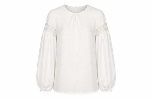 Front view of Traffic People Women’s Ivory Balloon Sleeve Embroidered Blouse XS