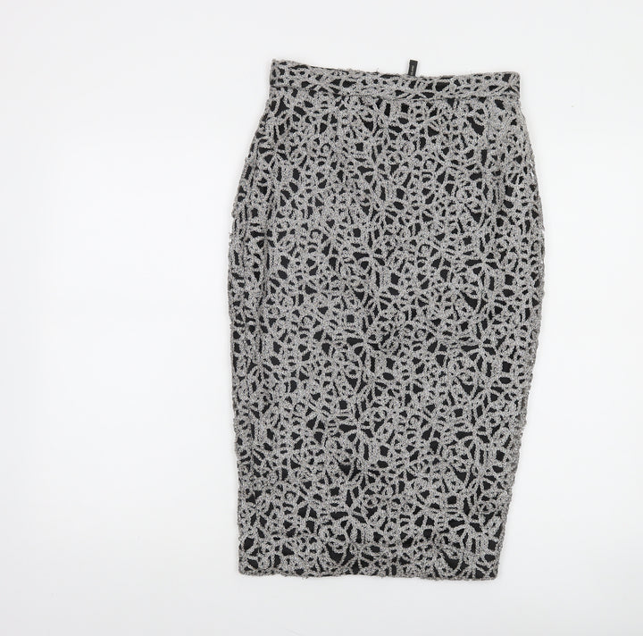 River Island Women Silver Lace Pencil Skirt Size 8 High Waist Party