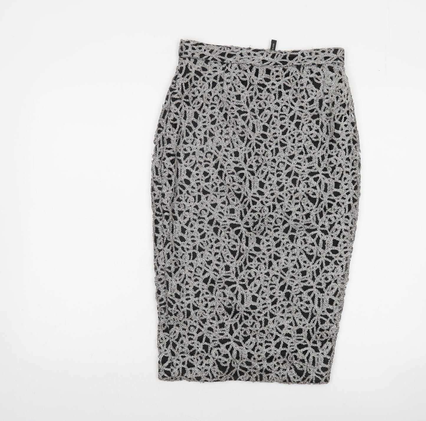 River Island Women Silver Lace Pencil Skirt Size 8 High Waist Party