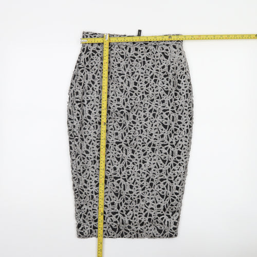 River Island Women Silver Lace Pencil Skirt Size 8 High Waist Party