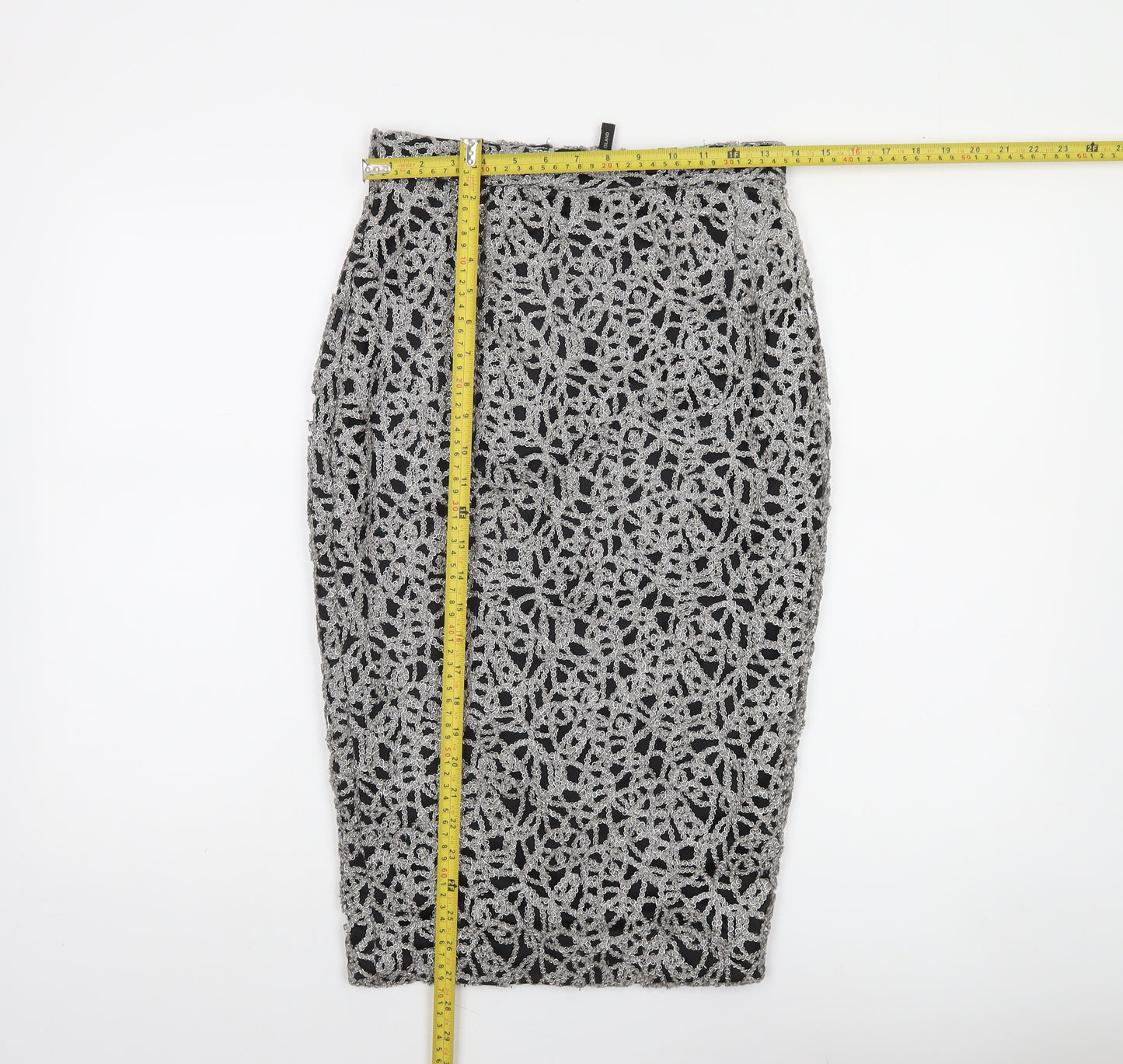 River Island Women Silver Lace Pencil Skirt Size 8 High Waist Party