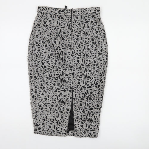 River Island Women Silver Lace Pencil Skirt Size 8 High Waist Party