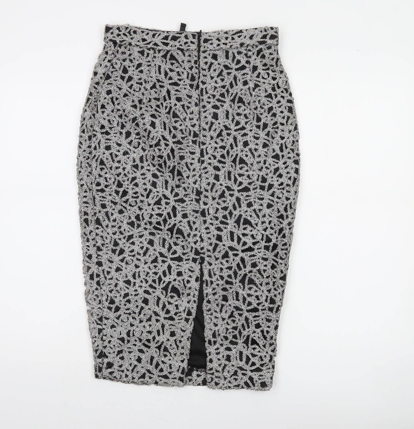 River Island Women Silver Lace Pencil Skirt Size 8 High Waist Party