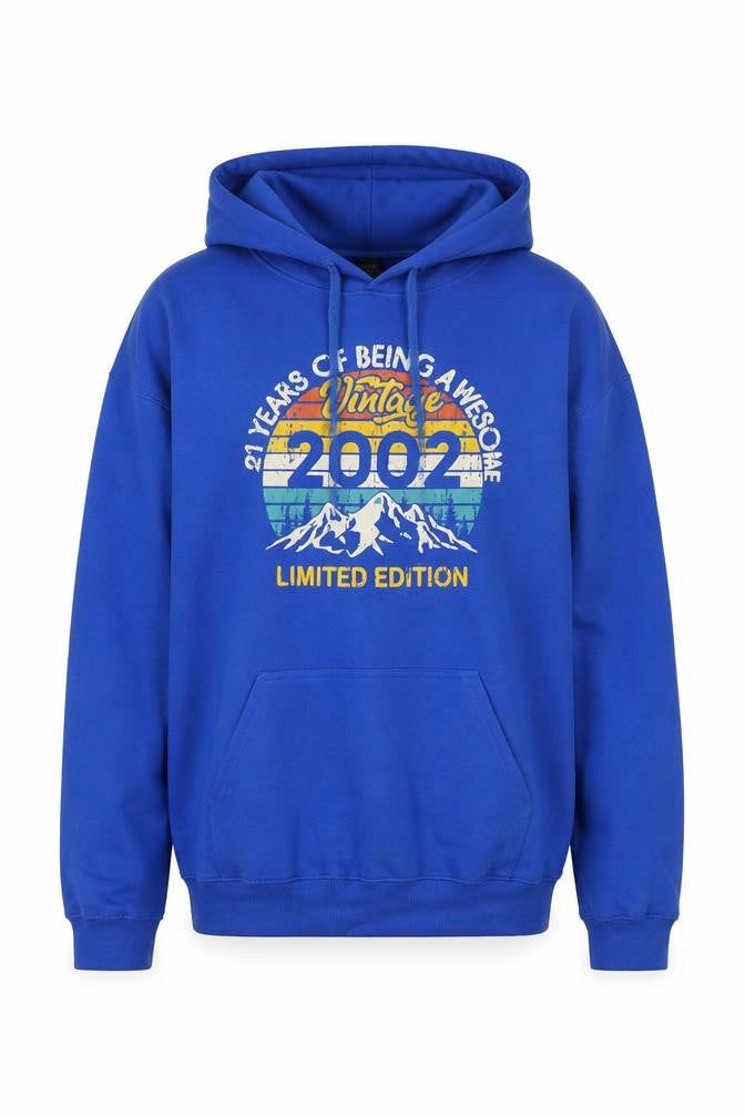 Front view of Gildan Men’s Blue Pullover Hoodie Medium Vintage 2002 Graphic