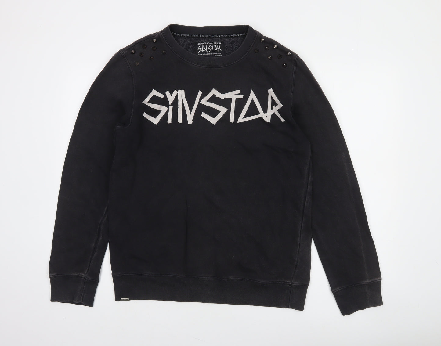 SinStar Mens Black Studded Logo Crew Neck Sweatshirt Size L