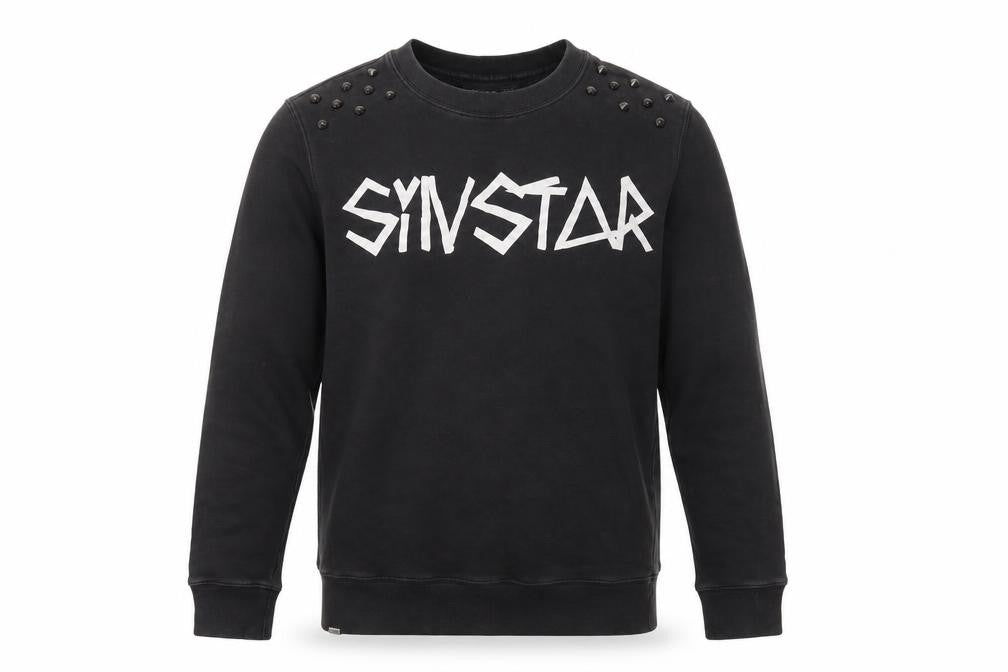 Front view of SinStar men’s black studded logo crew neck sweatshirt, size L