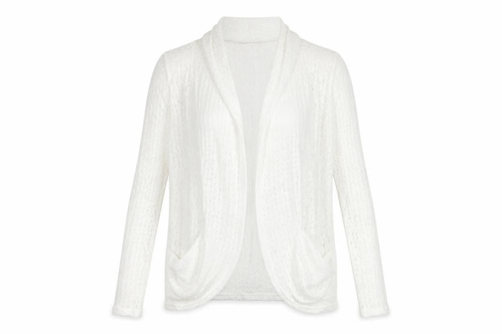 Front view of Oasis Women’s White Knit Open Jacket, size S, Classic Style