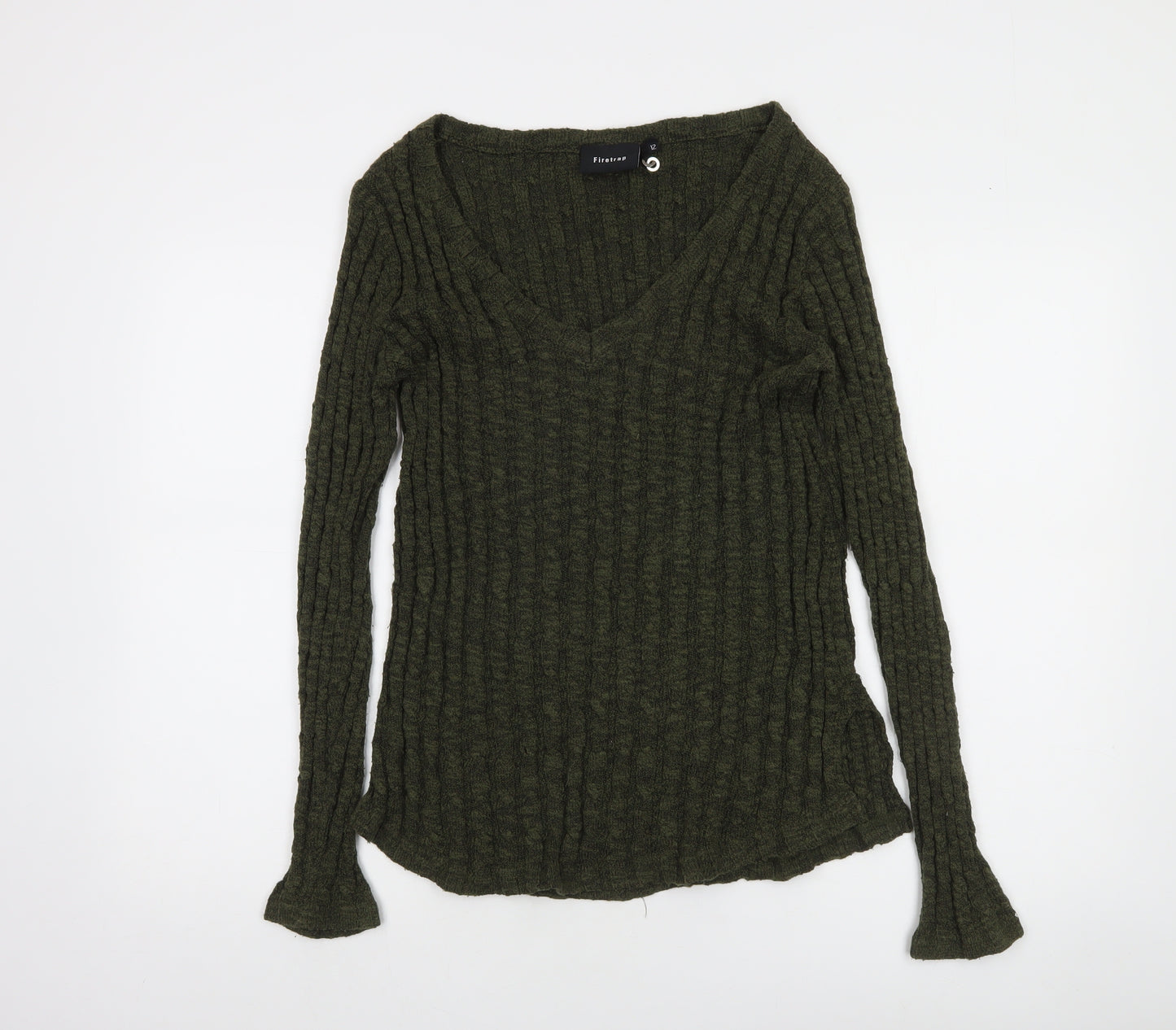 Firetrap Women's Green Wool Blend V-Neck Slim Fit Jumper Size 12