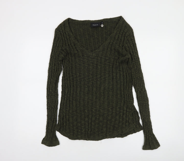 Firetrap Women's Green Wool Blend V-Neck Slim Fit Jumper Size 12